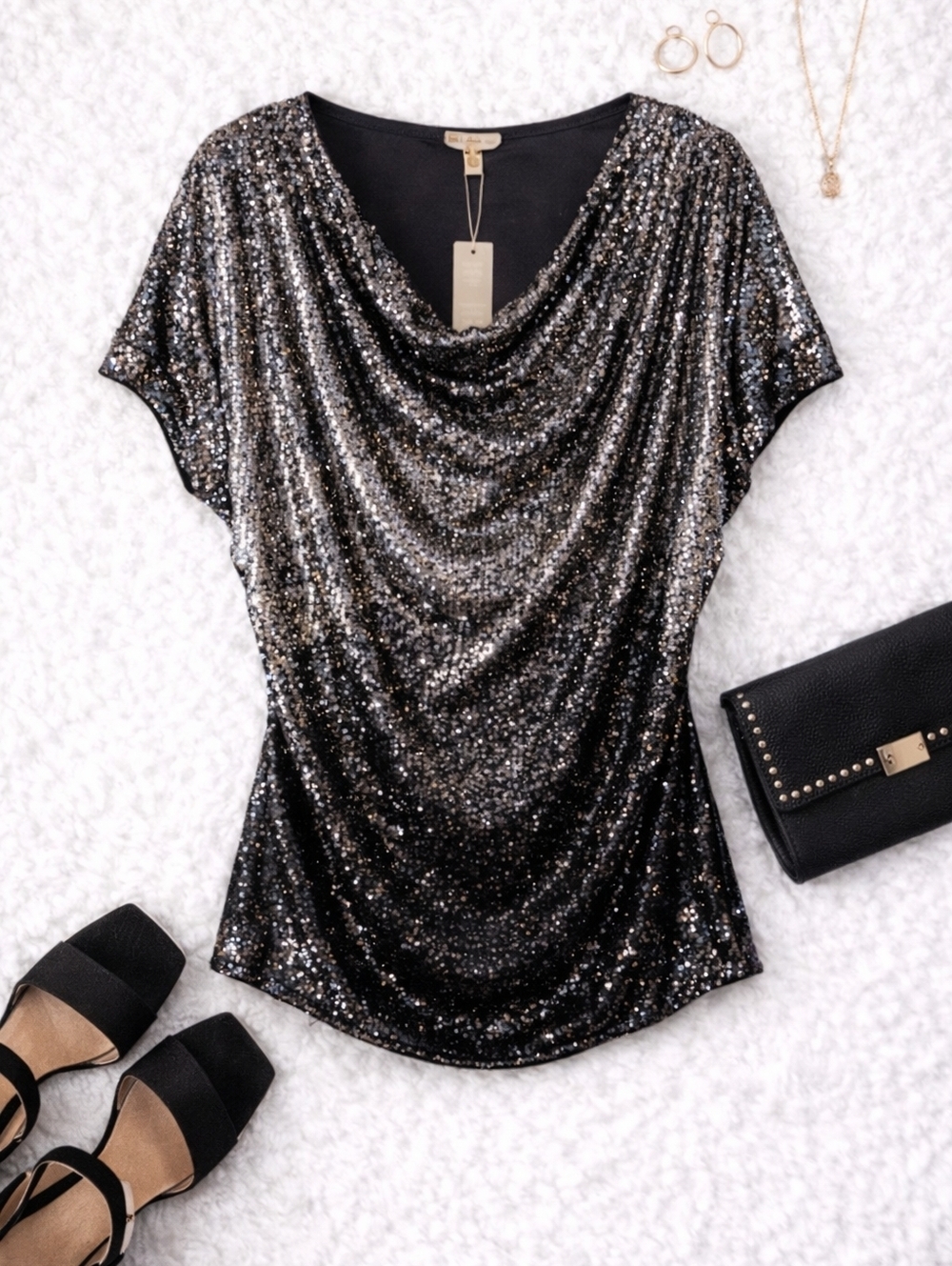 NWT Spense Glittering Silver And Black Ombre Sequin Blouse XL